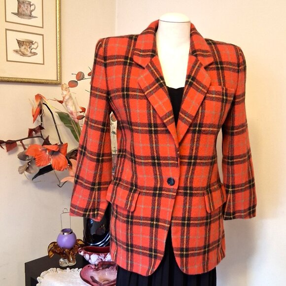 Vintage Jones New York Orang Red Wool Lined Blazer Checkered Pattern Jacket - Picture 5 of 7